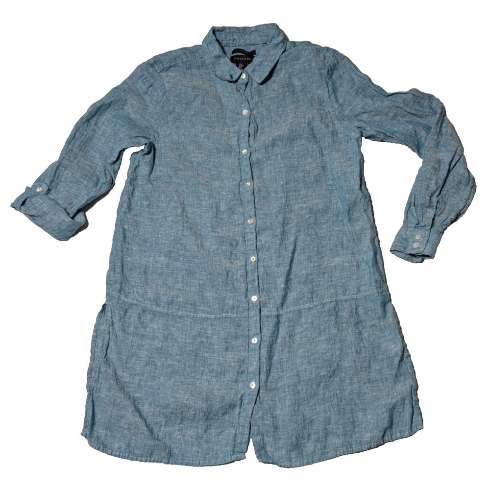TAHARI LINEN Blue Chambray Long‎ Roll Tab Sleeve Side Slit Tunic - Women Medium